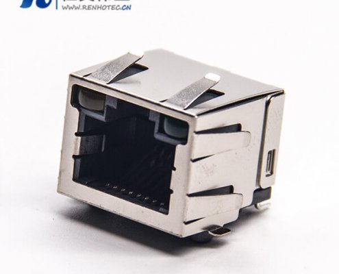 带灯rj45屏蔽插座90度smt接PCB板带灯带弹片