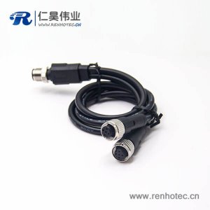 m12航空电缆插头A编码5芯一公转两母成型式注塑线50CM AWG22不带屏蔽